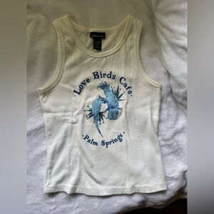 White Tank Top with Blue Love Birds Cafe Graphic